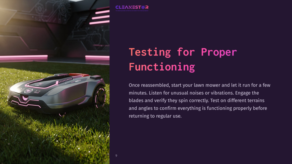 A Contemporary Lawn Mower Rests On A Sleek Surface, With A Futuristic Design. Background Features Bold Pink Lighting And Geometric Shapes.