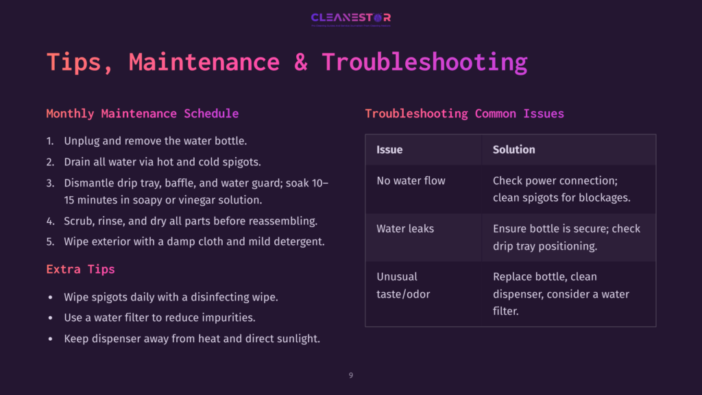 9 Tips Maintenance And Troubleshooting Maintenance Tips And Troubleshooting Guide For A Bottom Load Water Dispenser, Featuring A Dark Background With White And Purple Text.