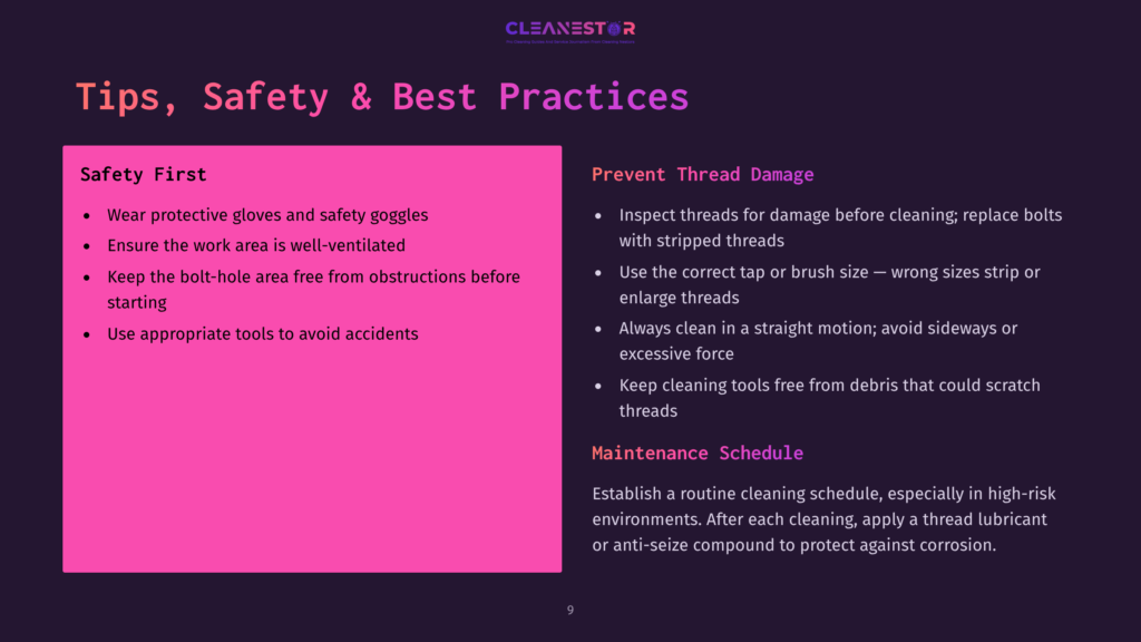 Tips, Safety &Amp; Best Practices For Cleanestor: Safety First Includes Wearing Protective Gear And Ensuring Ventilation. Prevent Thread Damage By Inspecting Threads And Using Correct Tools.