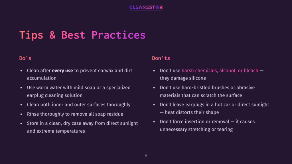 Cleanestor Logo At Top, With &Quot;Tips &Amp; Best Practices&Quot; Title. Left Column Lists &Quot;Do'S&Quot; For Earplug Care, Right Column Lists &Quot;Don'Ts,&Quot; Including Avoiding Harsh Chemicals And Force Insertion.