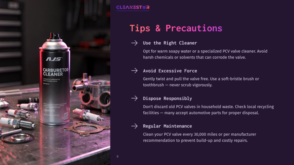 A Spray Can Of Carburetor Cleaner Beside A Toothbrush And Various Mechanical Parts, With Tips On Cleaning And Maintenance In Purple Text.