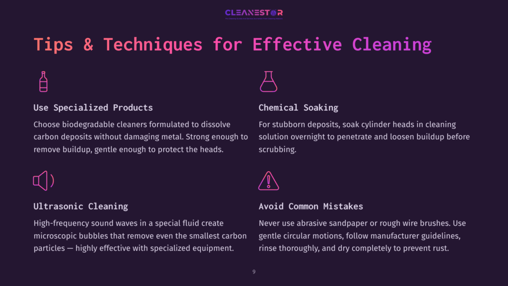 Infographic Featuring Cleaning Tips For Cast Iron Cylinder Heads Using Specialized Products, Chemical Soaking, Ultrasonic Cleaning, And Common Mistakes To Avoid.