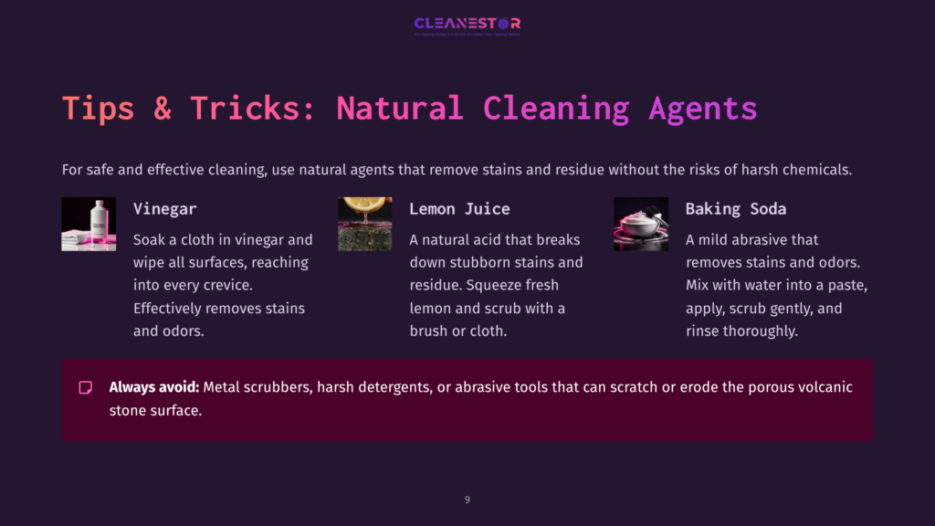Vinegar, Lemon Juice, And Baking Soda Are Displayed On A Purple Background With Tips For Natural Cleaning Agents.