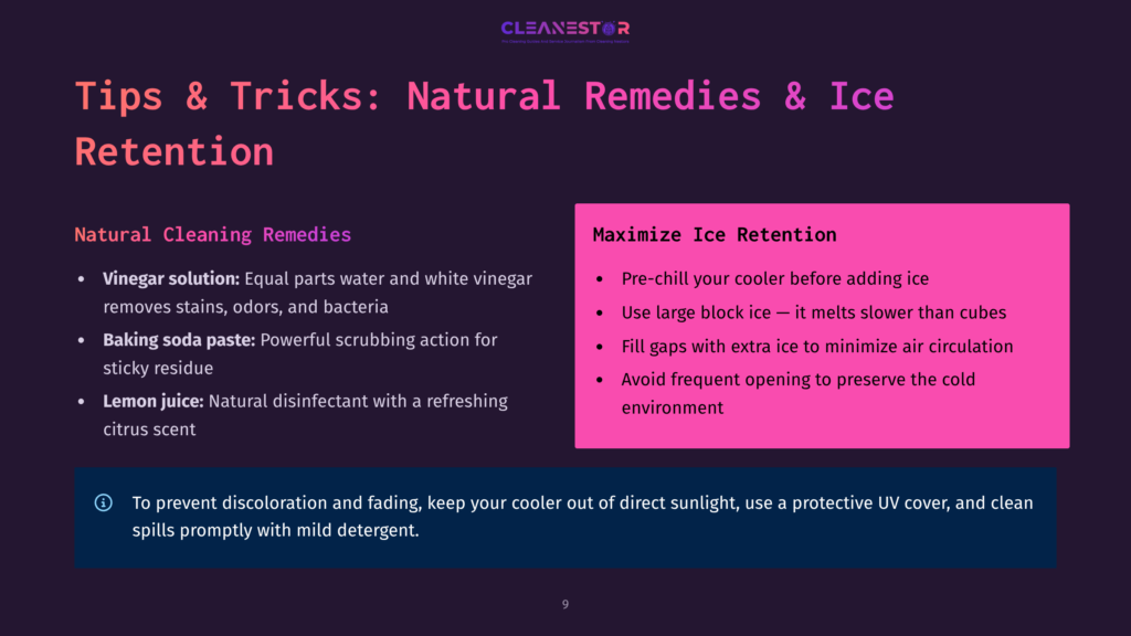 Presentation Slide Titled &Quot;Tips &Amp; Tricks: Natural Remedies &Amp; Ice Retention.&Quot; It Lists Natural Cleaning Remedies Like Vinegar And Baking Soda, And Methods To Maximize Ice Retention In Coolers, Such As Using Large Ice Blocks And Limiting Opening.