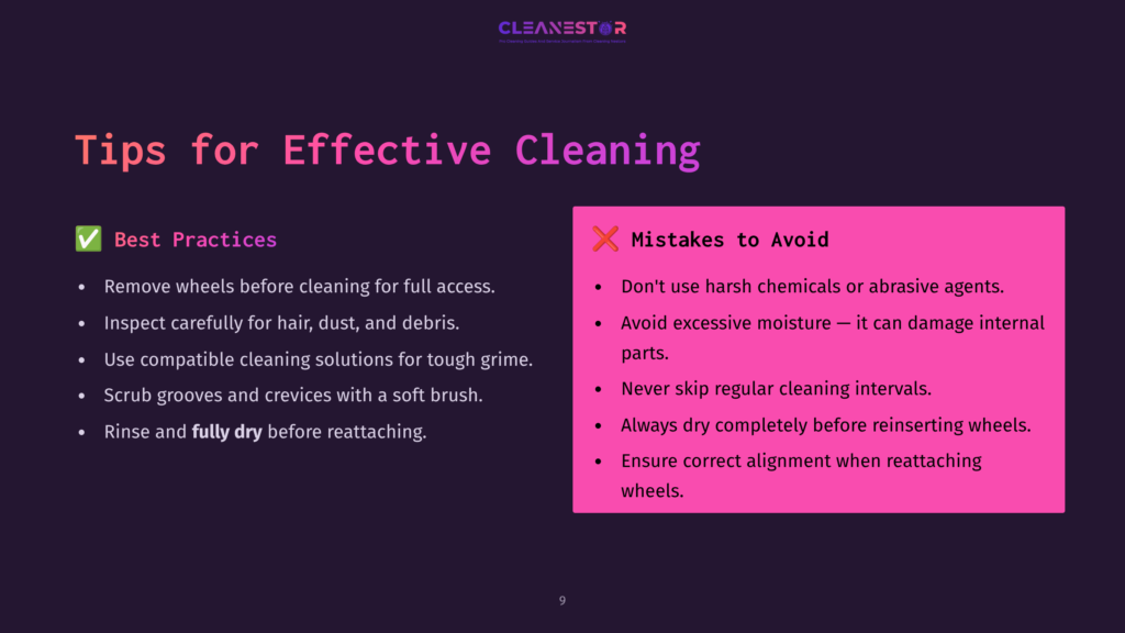 9 Tips For Effective Cleaning Purple Background With White And Pink Text. Lists Best Practices And Mistakes To Avoid For Effective Cleaning, With Checkmarks And Cross Symbols.