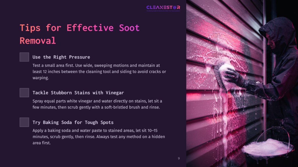 A Hand Scrubbing Stained Vinyl Siding With Soapy Water, Beside A Spray Bottle And Sponge, Against A Purple And Pink Gradient Background.