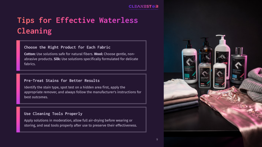 9 Tips For Effective Waterless Cleaning A Display Of Cleaning Products On A Shelf With Bottles And A Spray, Alongside Tips For Effective Waterless Cleaning In A Dark Layout.