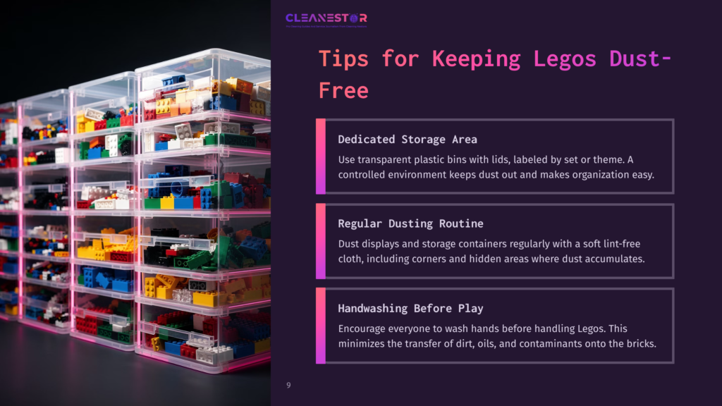 Clear Plastic Bins Filled With Colorful Lego Bricks Are Neatly Stacked In A Storage Unit. Text Overlay Reads &Quot;Cleanestor&Quot; And &Quot;Tips For Keeping Legos Dust-Free.