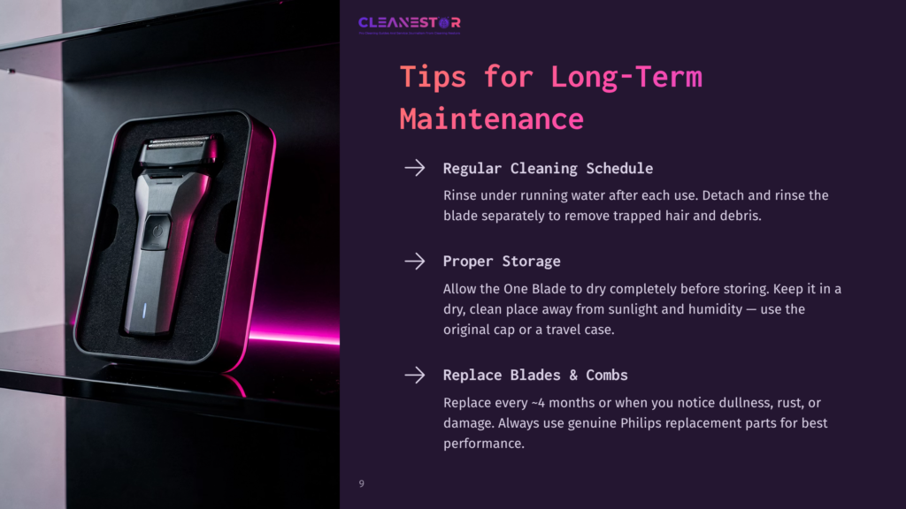A Philips One Blade In A Black Storage Case With Pink Lighting, Accompanied By Maintenance Tips In A Clear, Modern Layout.