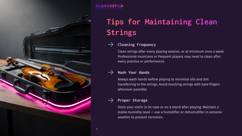 A Violin Rests In An Open, Black Case, Illuminated By Vibrant Pink Neon Lights. Text On The Right Reads &Quot;Tips For Maintaining Clean Strings&Quot; With Instructions On Cleaning, Washing Hands, And Proper Storage.