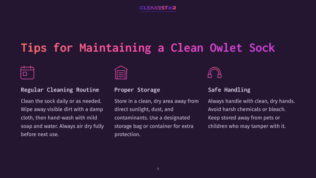 Purple Background With White And Pink Text Outlining Tips For Maintaining A Clean Sock. Icons Represent Cleaning, Storage, And Handling.