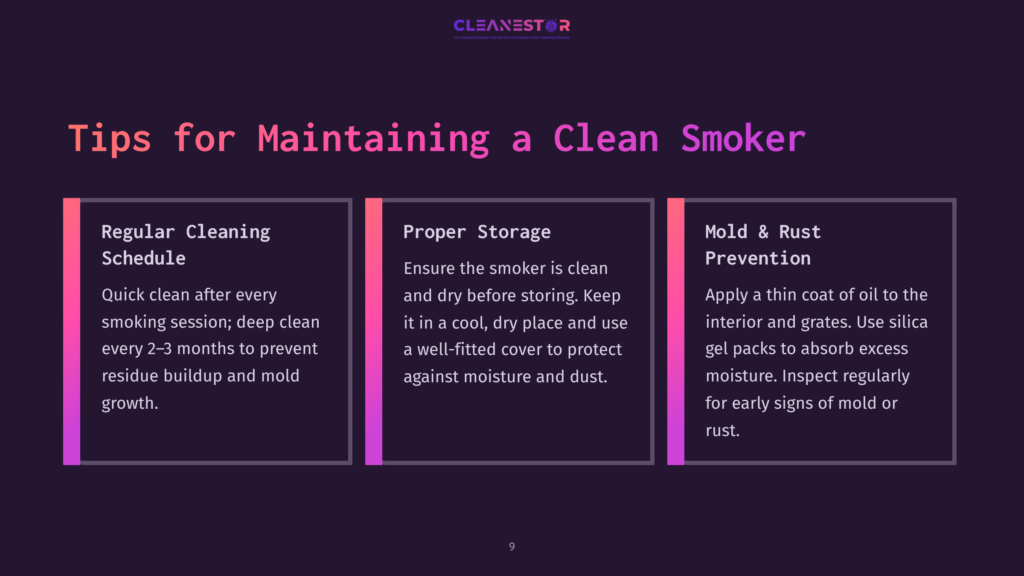 9 Tips For Maintaining A Clean Smoker Three Tips For Maintaining A Clean Smoker, Presented In Pink And White Text On A Dark Background, With Clear Sections And Icons.