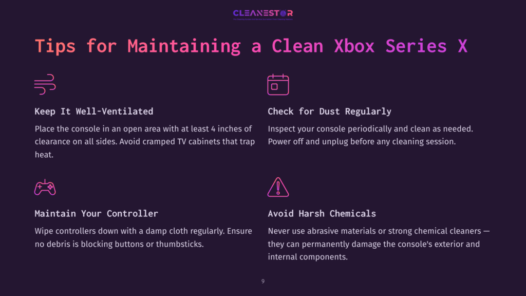 Text Tips On Maintaining An Xbox Series X, With A Dark Background And Purple Accents. Key Advice Includes Ventilation, Dusting, And Cleaning Methods.