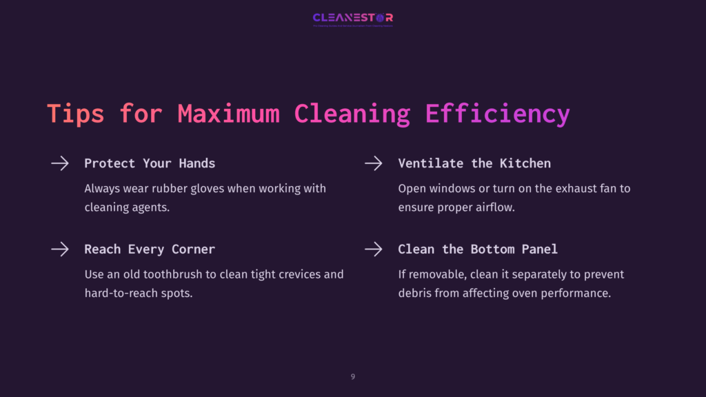 Tips For Maximum Cleaning Efficiency: Protect Your Hands, Reach Every Corner, Ventilate The Kitchen, And Clean The Bottom Panel. The Graphic Features A Dark Purple Background With White Text And Icons.