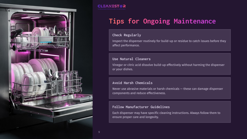Inside A Dishwasher, A Rack Filled With Clean Dishes Is Illuminated By Purple Light. Side Text Lists Maintenance Tips For The Rinse Aid Dispenser.