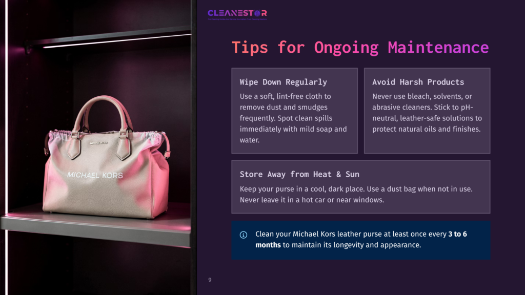 A Light Beige Michael Kors Leather Handbag Sits On A Shelf In A Closet, With Text Overlaying The Right Side Of The Image About Ongoing Maintenance Tips For Leather Products.