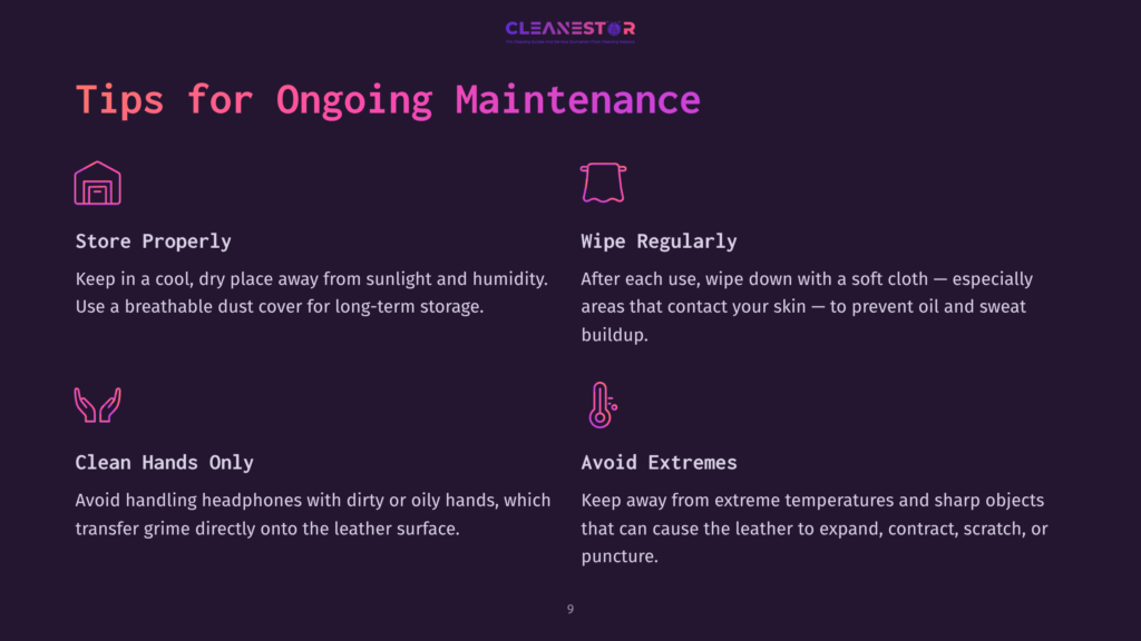 Cleanestor Logo With Text &Quot;Tips For Ongoing Maintenance&Quot;. Four Sections With Icons: &Quot;Store Properly&Quot; With A House Icon, &Quot;Wipe Regularly&Quot; With A Cloth Icon, &Quot;Clean Hands Only&Quot; With A Hand Icon, And &Quot;Avoid Extremes&Quot; With A Thermometer Icon.