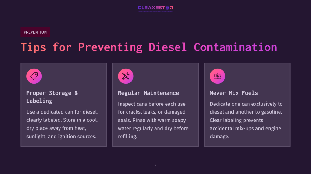 Four Rectangular Sections With Purple Backgrounds. Each Section Contains White Text And Icons, Detailing Tips For Preventing Diesel Contamination.