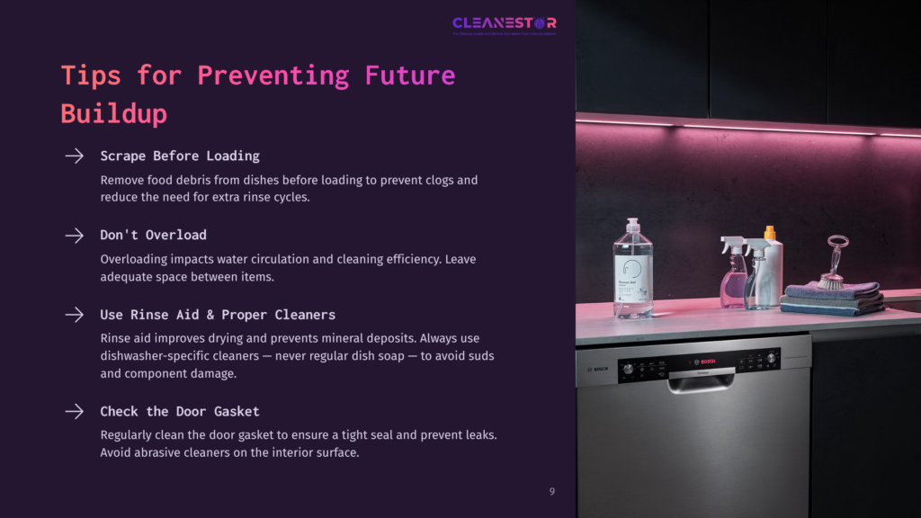 A Modern Stainless Steel Bosch Dishwasher Is Shown With Cleaning Supplies On Top, Including A Bottle Of Rinse Aid. Text On The Left Provides Tips For Preventing Dishwasher Buildup, Such As &Quot;Scrape Before Loading.