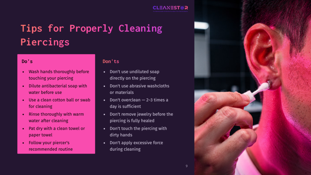 9 Tips For Properly Cleaning Piercings A Person Uses A Cotton Swab To Clean An Ear Piercing, With A List Of Cleaning Tips On The Left Side Featuring Contrasting Pink And Purple Backgrounds.