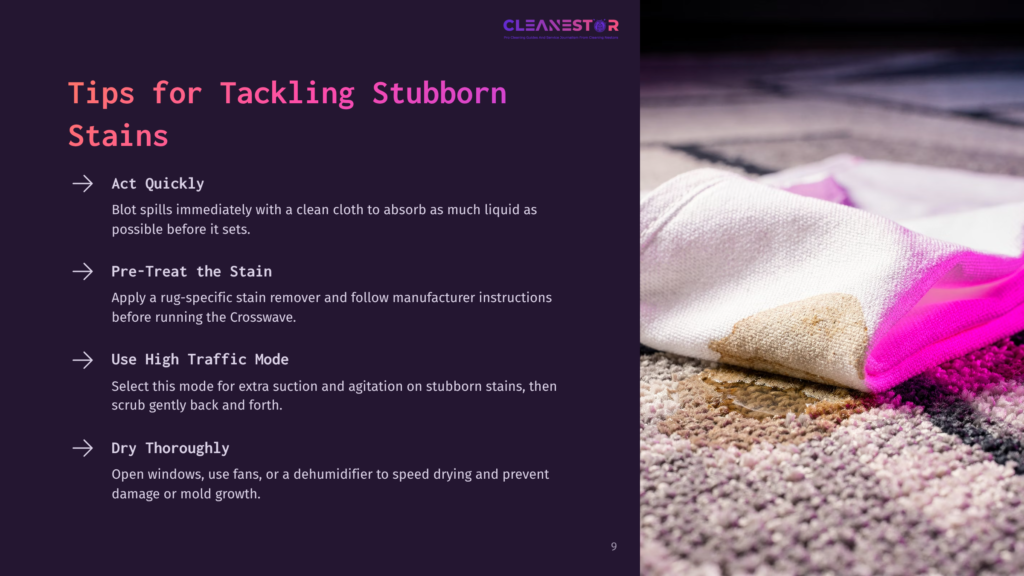A Partially Stained Area Rug With Cleaning Tips Outlined In White Text On A Dark Purple Background, Including Steps For Stain Removal.