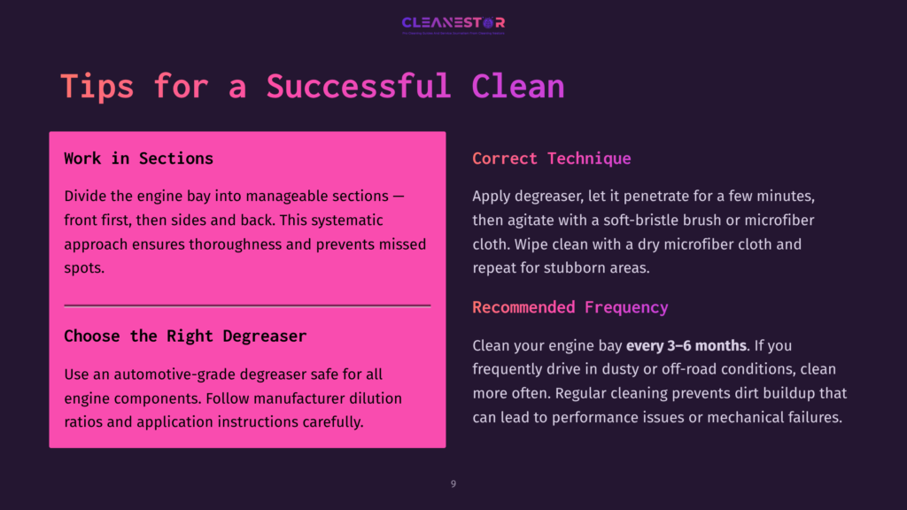 Cleanestor Logo With Text &Quot;Tips For A Successful Clean&Quot; And Sections On &Quot;Work In Sections&Quot; And &Quot;Correct Technique&Quot; For Engine Cleaning.
