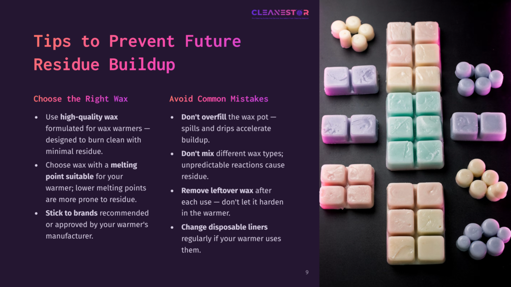 A Selection Of Colorful Wax Cubes And Beads Beside A Black Background, With Text Tips On Preventing Wax Residue Buildup.