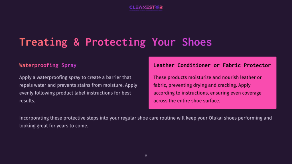 Cleanestor Logo At The Top Of A Dark Purple Slide Titled &Quot;Treating &Amp; Protecting Your Shoes.&Quot; The Slide Is Divided Into Two Columns: &Quot;Waterproofing Spray&Quot; On The Left And &Quot;Leather Conditioner Or Fabric Protector&Quot; On The Right, With Descriptive Text Under Each Heading.