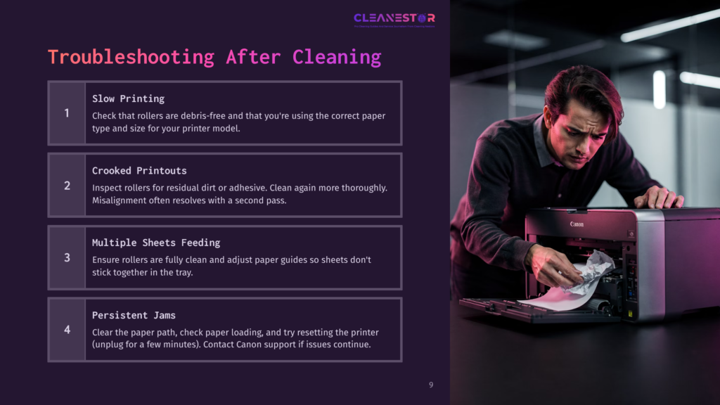 Man Cleaning Printer Rollers With A White Cloth, Troubleshooting Printer Issues. Text Overlay: &Quot;Cleanestar Troubleshooting After Cleaning&Quot;.