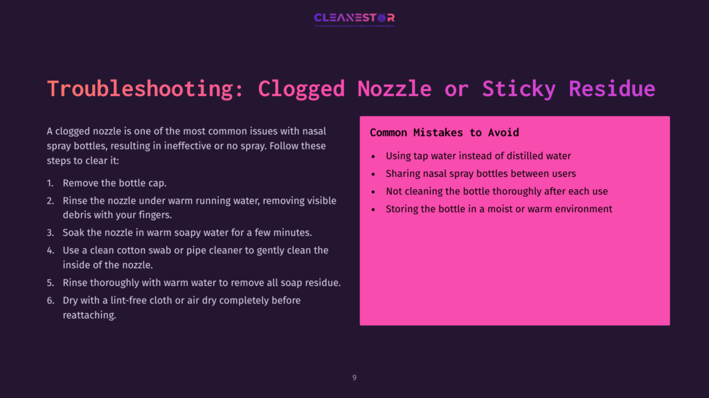 Troubleshooting Guide For Clogged Spray Bottle Nozzles And Sticky Residue, With Steps Like Rinsing With Warm Water And Using Cotton Swabs.