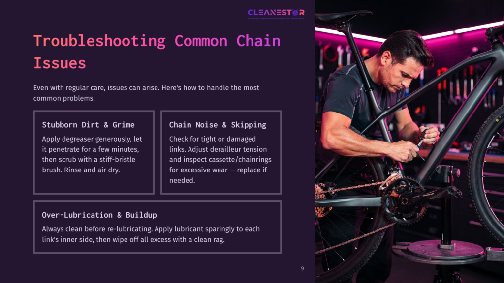 9 Troubleshooting Common Chain Issues Man Using A Tool To Fix Bicycle Chain, Poster With Tips For Handling Common Chain Issues