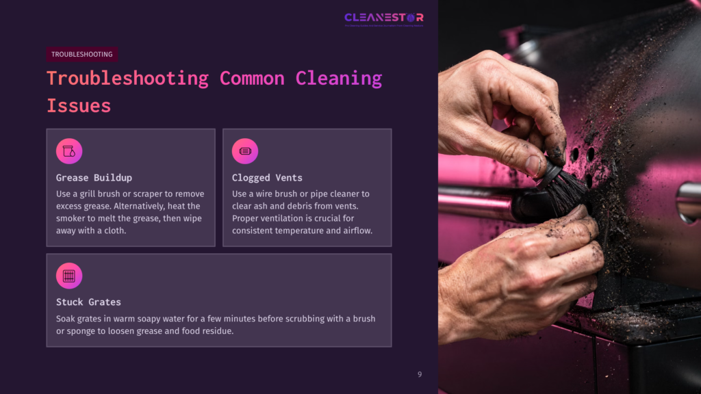 A Close-Up Of A Person Cleaning A Smoker'S Grill With A Brush, Featuring A Pink And Purple Background Highlighting Cleaning Tips.