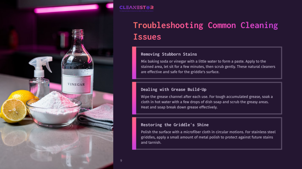 A Bottle Of Vinegar And A Bowl Of Salt Sit On A Countertop, With A Cloth Nearby, Alongside Cleaning Tips On A Purple Background.
