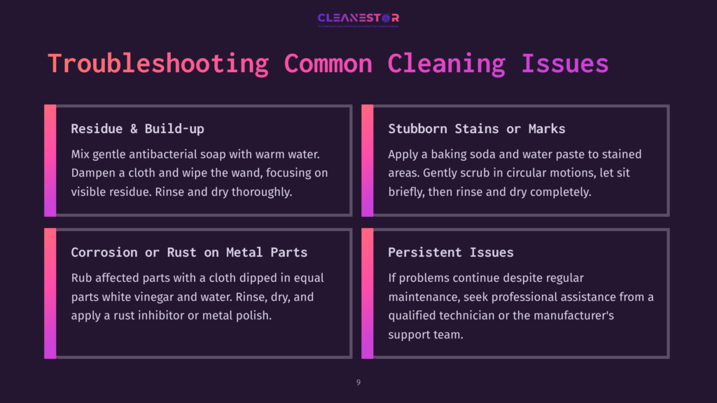 Text On A Dark Purple Background Lists Cleaning Tips For High-Frequency Wands, Focusing On Issues Like Residue, Stains, Rust, And Maintenance.