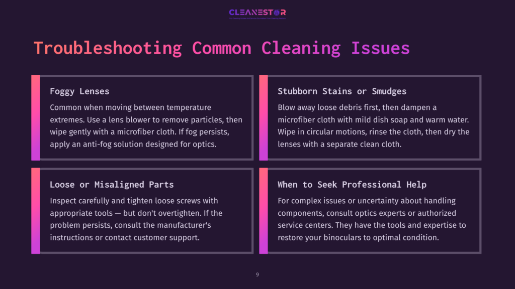 Four Visually Distinct Sections With Tips On Cleaning Binoculars, Featuring A Mix Of Purple And Black Backgrounds, Each Containing Relevant Text And Icons.