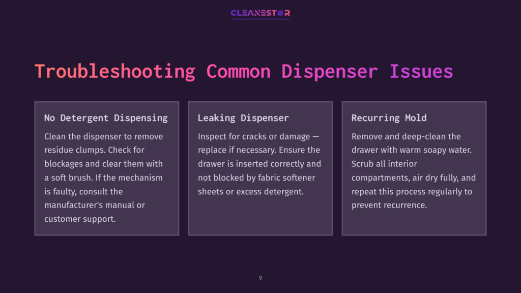 9 Troubleshooting Common Dispenser Issues Troubleshooting Common Dispenser Issues: No Detergent Dispensing, Leaking Dispenser, And Recurring Mold. Text Details Solutions For Each Problem.