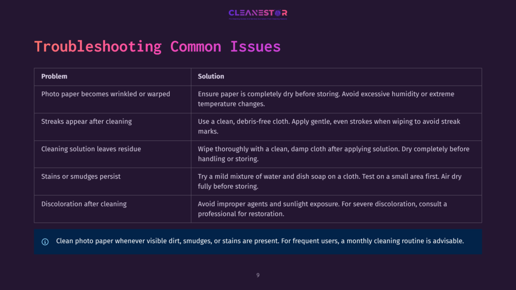 Troubleshooting Common Issues With Photo Paper, Cleaning Solutions, And Discoloration, With Solutions Listed In A Table.