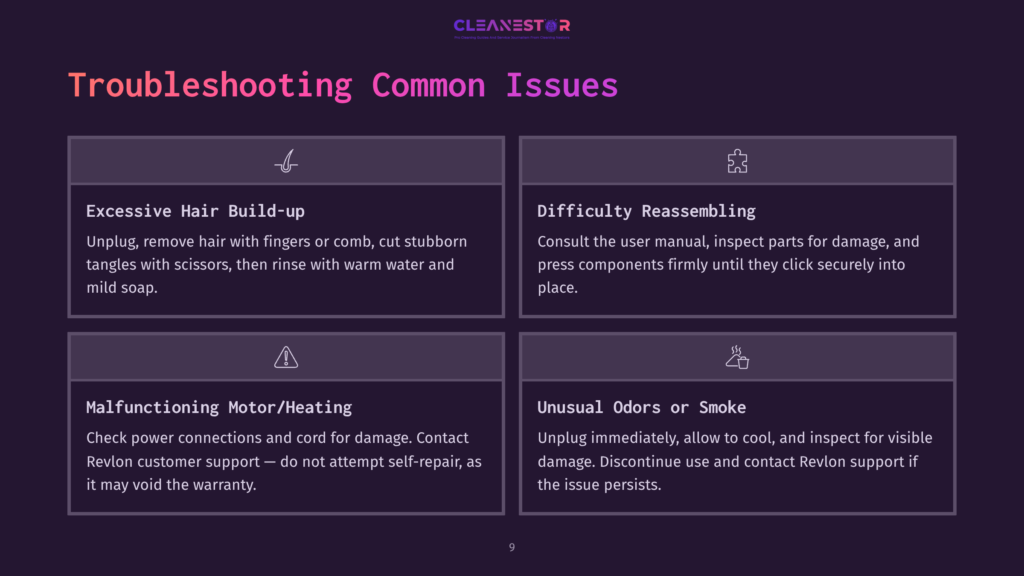 Troubleshooting Common Issues With A Hair Dryer: Excessive Hair Build-Up, Difficulty Reassembling, Malfunctioning Motor/Heating, And Unusual Odors Or Smoke. The Graphic Is Purple With White Text.