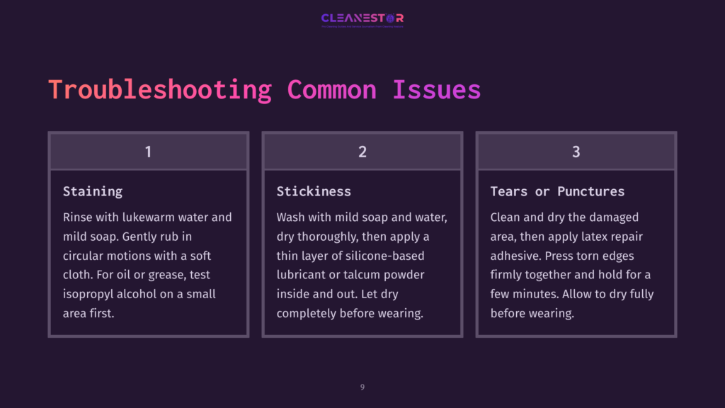 Troubleshooting Common Issues With Cleaning Gloves: Staining, Stickiness, And Tears Or Punctures. Includes Instructions For Each Problem.