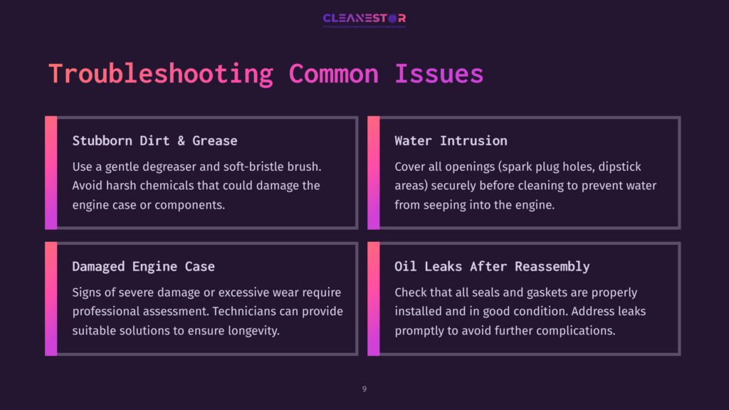 9 Troubleshooting Common Issues 3 Four Colorful Boxes Outline Troubleshooting Tips For Atv Engine Cases, Highlighting Issues Like Dirt, Water Intrusion, Damage, And Oil Leaks.