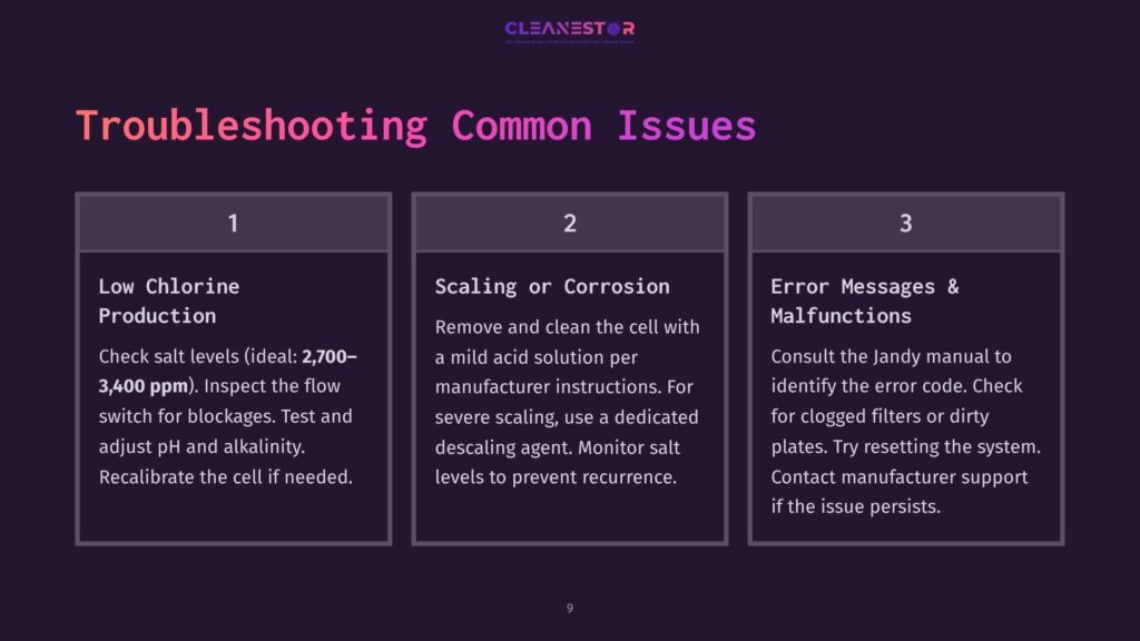 Step-By-Step Troubleshooting Guide With Numbered Sections On Low Chlorine Production, Scaling, And Error Messages, Featuring A Dark Background.