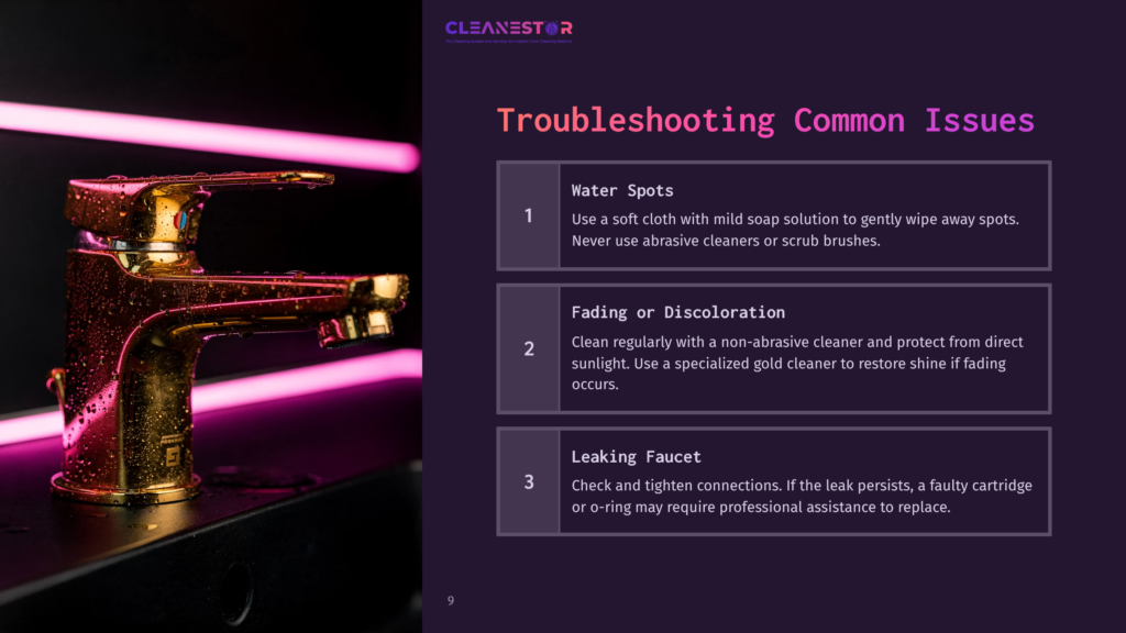 A Golden Faucet With Water Droplets Is Illuminated By Pink Neon Lights, With Troubleshooting Tips For Cleaning, Fading, And Leaks Displayed On The Right.