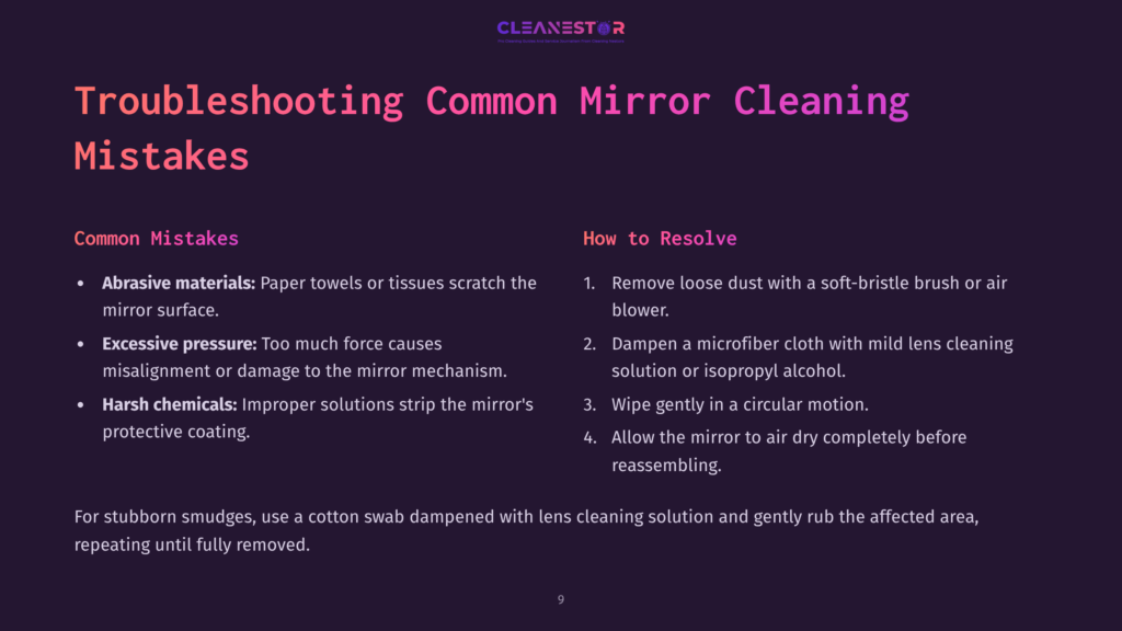 9 Troubleshooting Common Mirror Cleaning Mistakes Troubleshooting Common Mirror Cleaning Mistakes. Text Lists Common Mistakes Like Abrasive Materials, Excessive Pressure, And Harsh Chemicals, With Solutions Like Using A Soft Brush, Microfiber Cloth, And Lens Cleaning Solution.