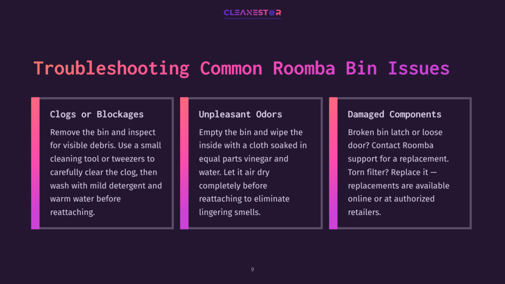 9 Troubleshooting Common Roomba Bin Issues Three Sections With Pink And Purple Backgrounds Detail Troubleshooting Roomba Bin Issues: Clogs, Odors, And Damaged Components.