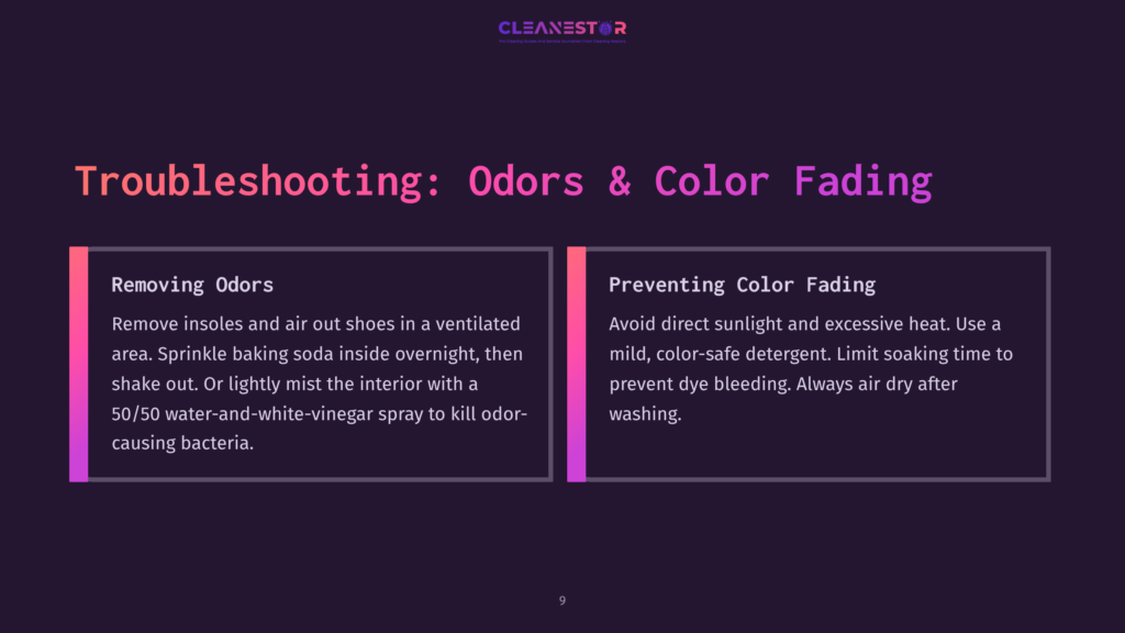 Two Sections On A Dark Background: Left For Removing Odors With Baking Soda And Vinegar Tips, Right For Preventing Color Fading With Detergent Advice.