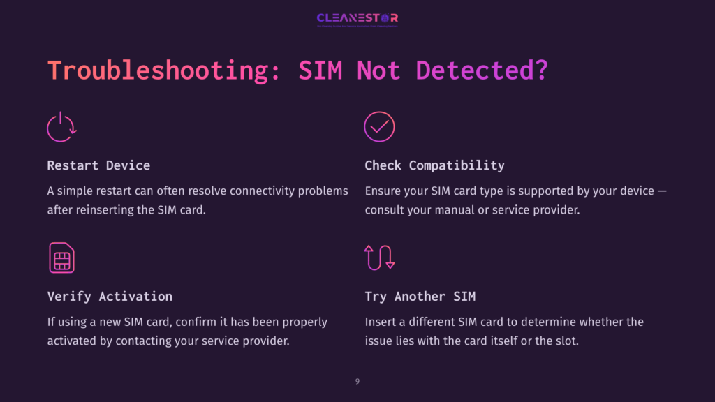 9 Troubleshooting Sim Not Detected Bullet Points Listing Troubleshooting Steps For A Sim Card Detection Issue, Presented With A Dark Background And Vibrant Pink And Purple Text.