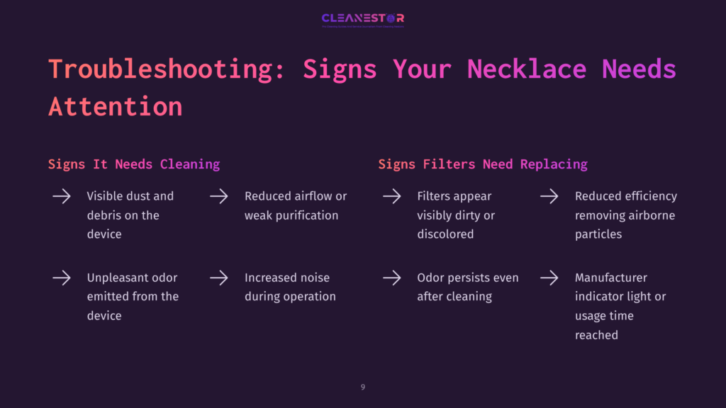 Infographic Listing Troubleshooting Signs For Air Purifier Necklaces, Featuring Headings In Purple, Bullet Points On White Background, And Arrows Illustrating Actions.