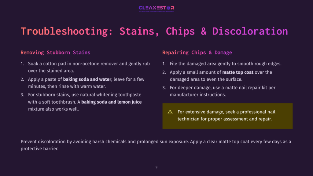 9 Troubleshooting Stains Chips And Discoloration Troubleshooting Guide For Cleaning Stains, Chips, And Discoloration On Matte Top Coat Surfaces. Includes Remedies For Stubborn Stains And Chip Repair Instructions.