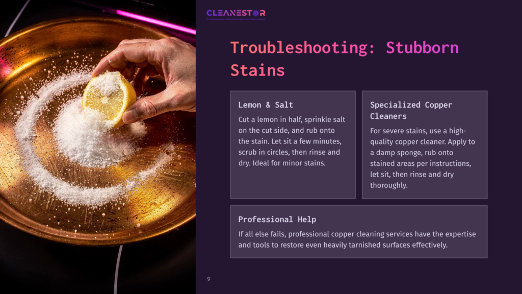 9 Troubleshooting Stubborn Stains A Hand Sprinkles Salt Onto A Lemon Half Resting On A Tarnished Copper Surface, Illustrating A Diy Copper Cleaning Method.