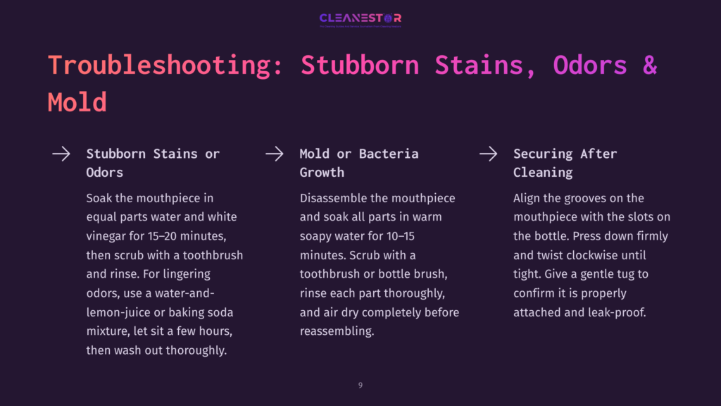 Purple Background With White Text Detailing Steps To Clean A Brita Water Bottle Mouthpiece, Focusing On Stains, Mold, And Cleaning Tips.